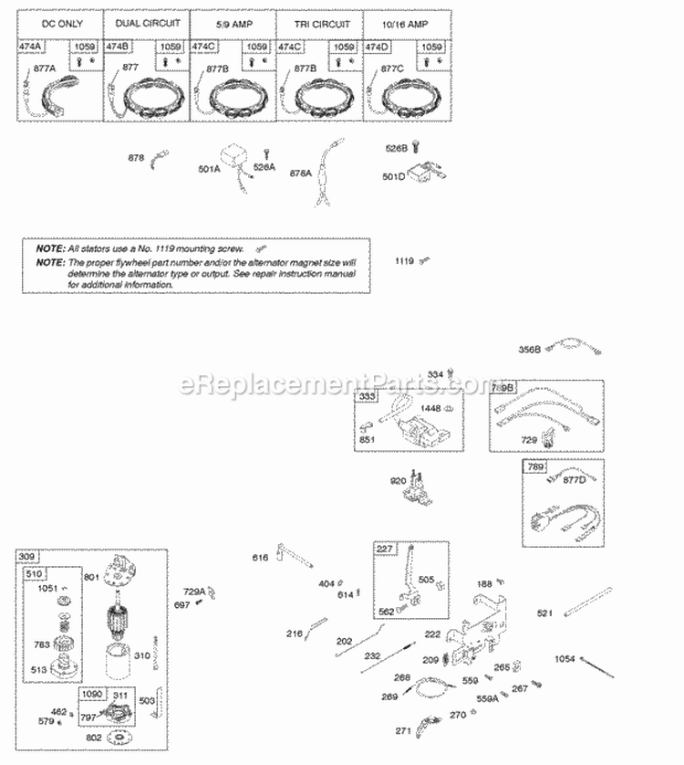 Alternator Controls Ignition Diagram and Parts List for 31A607-0026-G1  Briggs and Stratton Engine